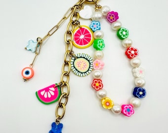 Handmade Pearl Bag Charm: Gold Plated Fruit & Flower Keychain