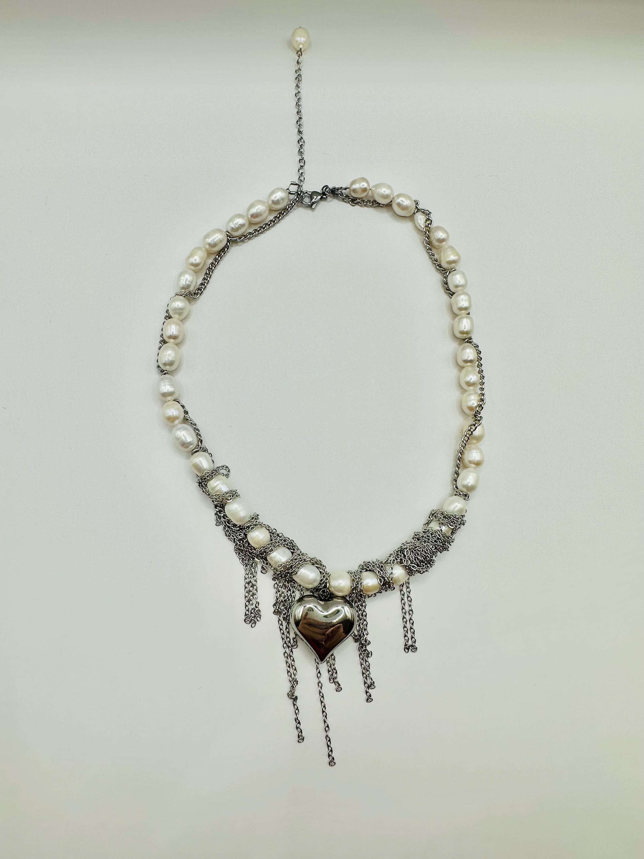 Pearl Tassel Necklace: Silver Heart Charm, Stainless Steel Chain