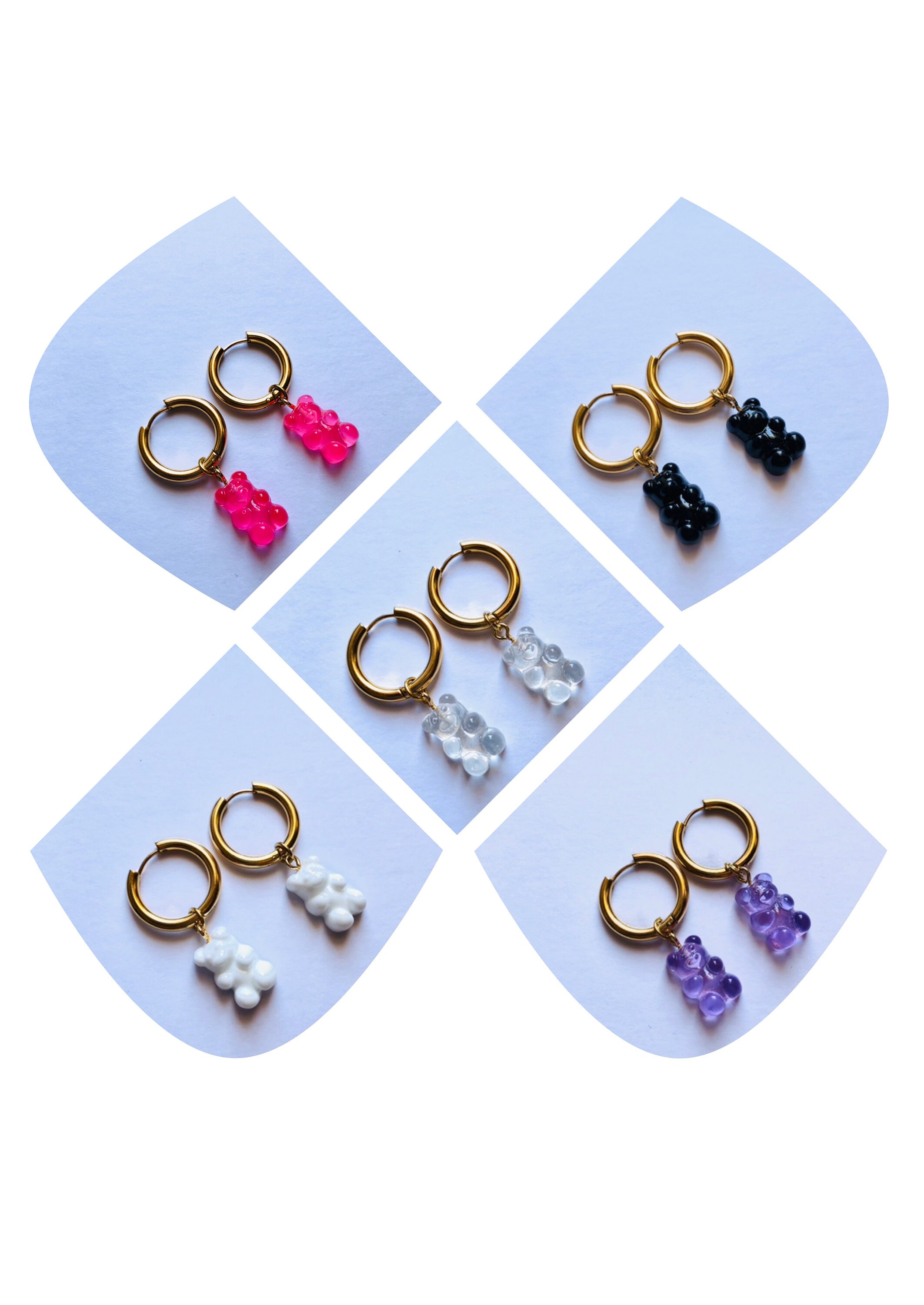 Bear stainless steel hoop earrings, pink white purple transparent black teddy bear earrings for women girl,trendy gift jewelry