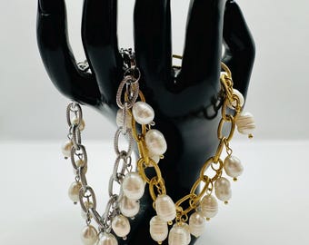 Freshwater Pearl Charm Bracelet: Stainless Steel, Handmade