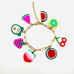 Handmade fruits bracelet, stainless steel fruits berry charms bracelet, statement multi colors charms bracelet