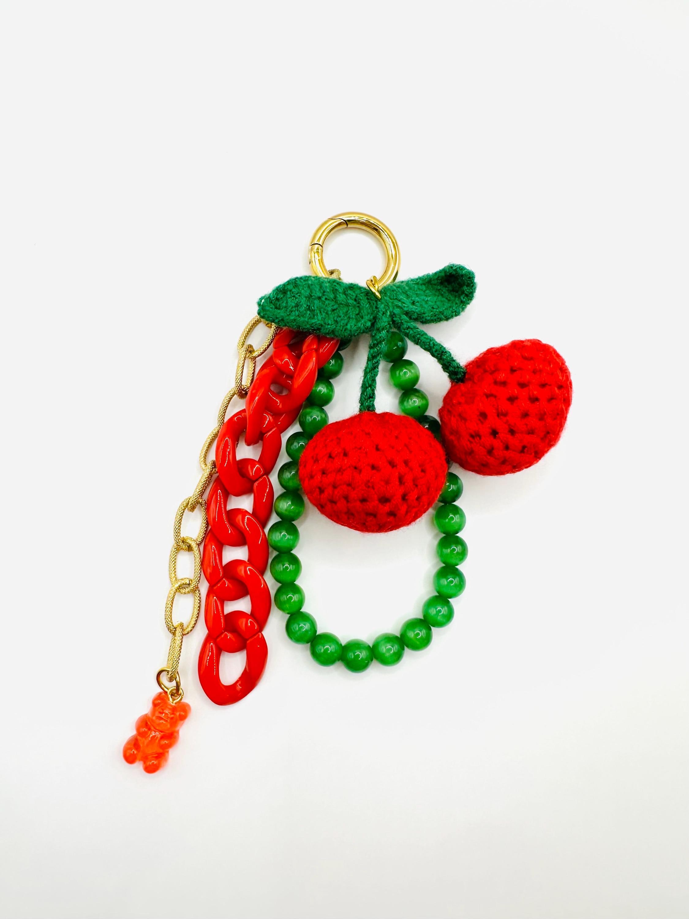 Crochet Cherry Bag Charm: Gold Plated Keychain, Handmade Accessory