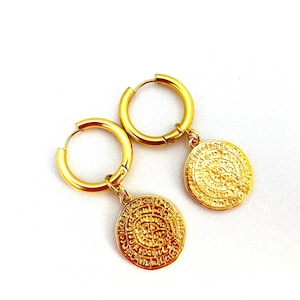 Phaistos Disc Earrings: Gold Medallion Stainless Steel Hoops