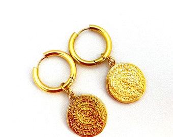Phaistos disc earrings, Greek earrings, stainless steel hoop earrings, medallion gold earrings, Greek mythology earrings