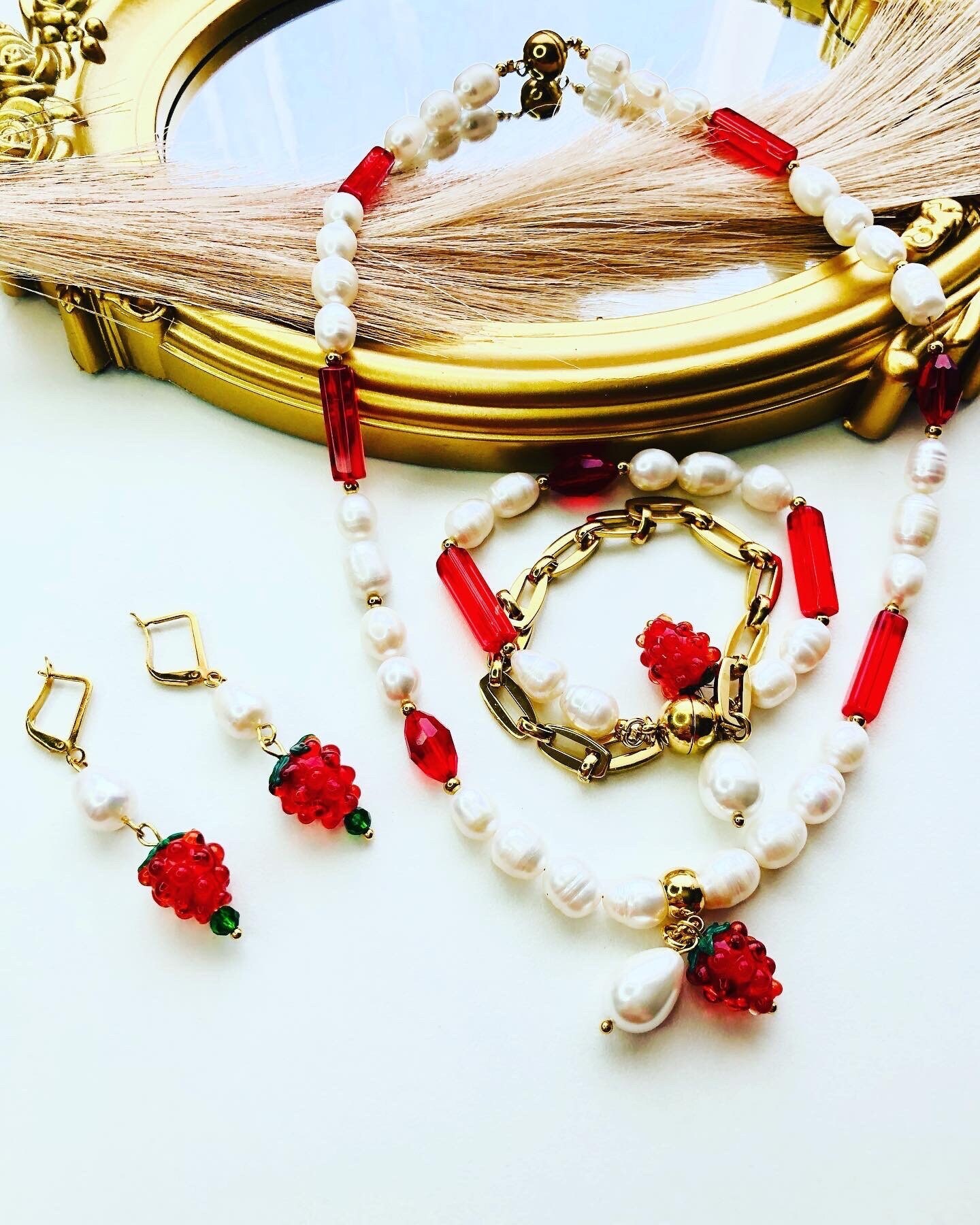 Baroque pearl red raspberry  gold earrings bracelet choker with charms, unique luxury jewelry for her lady women, wedding jewelry