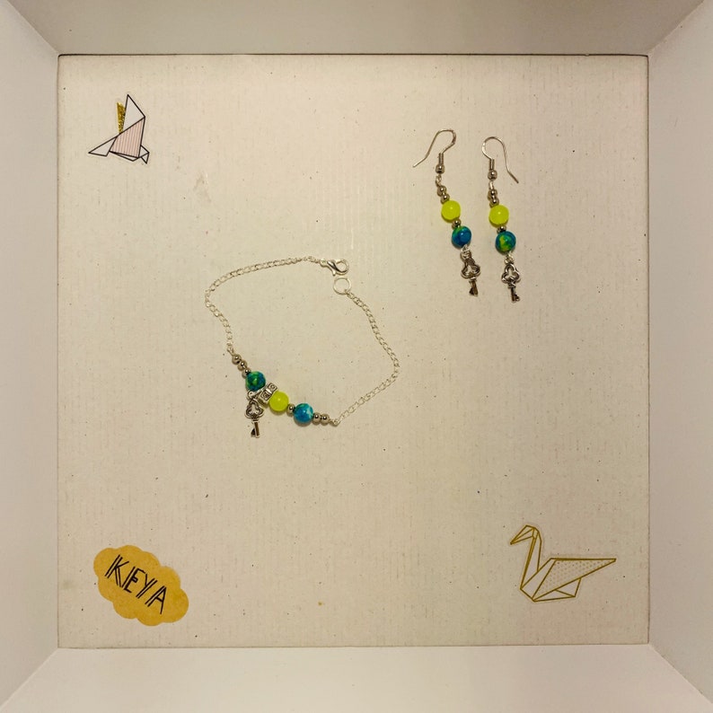 Set bracelet and earrings peps yellow blue-green and silver