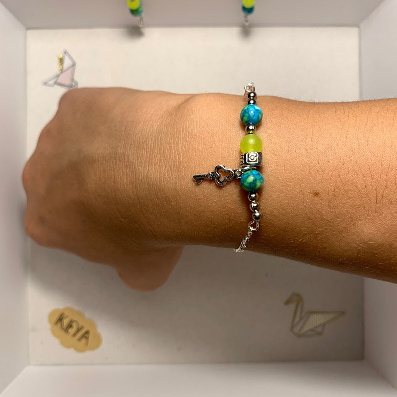 Set bracelet and earrings peps yellow blue-green and silver