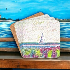 Artsy Sailboat Coaster Set, Corkwood, Great Housewarming Gift, Nautical-Themed Gift for Boat Lover, Sailing Enthusiast