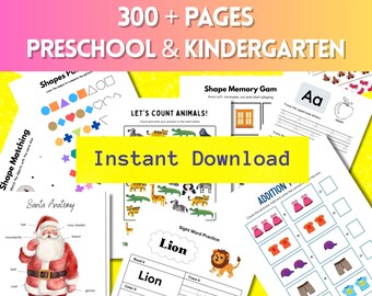 Preschool Kindergarten Worksheets 300+ Printable Bundle Alphabet Shapes Maths Sight Words Christmas Workbook Digital Download PDF PNG