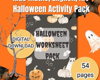Halloween Worksheets Bundle 54 Pages | Kids Ages 4-10 Maths English Art Printable Homeschool Activity Pack Instant Digital Download PDF PNG