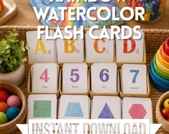 Rainbow Watercolor Flashcards Printable, Alphabet Numbers Shapes Colors, Montessori Toddler Learning Cards, Preschool Homeschool Teachers