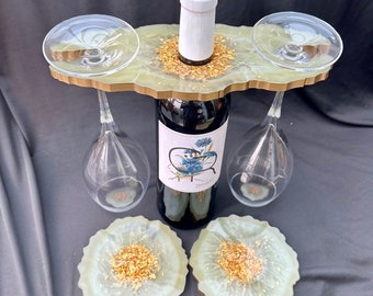 wine butler with circle geode coasters , wine accessories, for wine lovers, home bar, wedding gift, personalised occasion gift