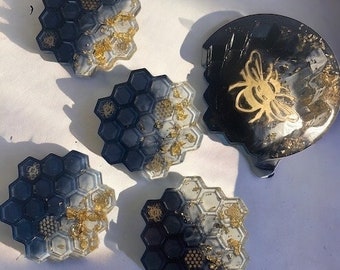 bumblebee coaster set , set of four honeycomb coasters with holder, bee coasters, resin, honeycomb coasters, bumblebee