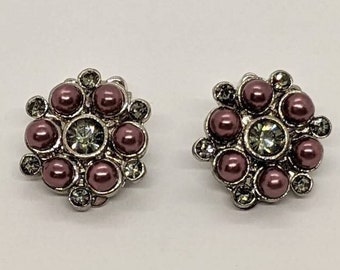 Vintage silver tone clip on earrings with pink beads and clear rhinestones, vintage earrings, rhinestone earrings, vintage jewellery