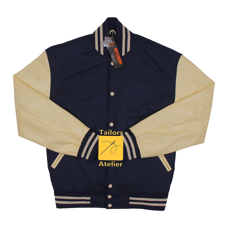 Custom Handmade Navy Blue Wool Body With Genuine Cowhide Cream Leather Sleeves Varsity Baseball Bomber Letterman Jacket