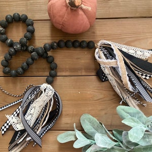 Wooden Bead Garland | Distressed, Shabby Fall Decor| Tiered tray or Bowl filler | BLack with Tassels-- 36 in. of wooden beads and ribbons
