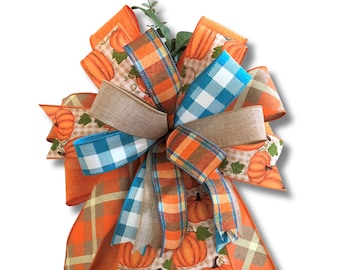 Fall Pumpkin Bow, Orange and Blue Fall Wreath Bow, Farmhouse Fall Front Door Decor, Fall Bow, Pumpkin Lantern Bow, Autumn Porch Decorations