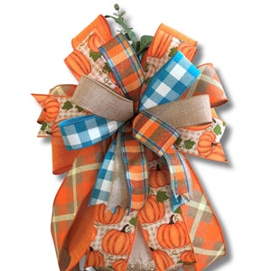 Fall Pumpkin Bow, Orange and Blue Fall Wreath Bow, Farmhouse Fall Front Door Decor, Fall Bow, Pumpkin Lantern Bow, Autumn Porch Decorations