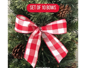 10 Christmas Tree Bows, Red and White Buffalo Check Small Bows, Buffalo Plaid Christmas Decor Bows, Gift Package Bows, Tree Decor, 5" x 5"