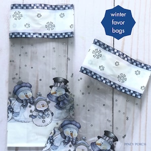 20 Snowman Favor Bags, Blue and White Snowman Treat Bag, Christmas Party, Holiday Candy Bag, Cookie Bag, Winter Cello Treat Bag, 3.5&quot;x7.5&quot;