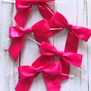 Pode incluir: Quatro la&ccedil;os de cetim rosa brilhante com fechos de pl&aacute;stico transparente fixados ao centro. Cada la&ccedil;o apresenta duas al&ccedil;as e duas pontas longas e anguladas. Um log&oacute;tipo circular no canto superior direito diz PINEY PORCH e o texto na parte inferior diz bright pink satin bows.