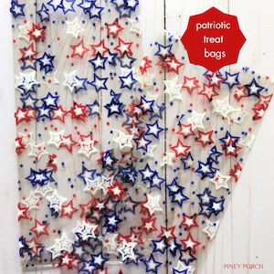 20 LARGE Patriotic Treat Bags, Red White and Blue Stars Goodie Bag, Fourth of July Party Favors, Patriotic Party, Cello Treat Bag, 5" x 11"