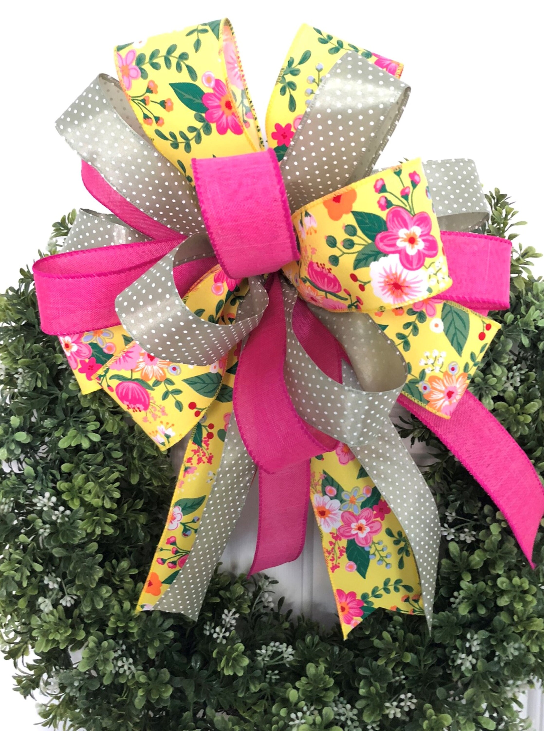 Floral Wreath Bow, Yellow Pink Lantern Bow, Spring and Summer Porch ...
