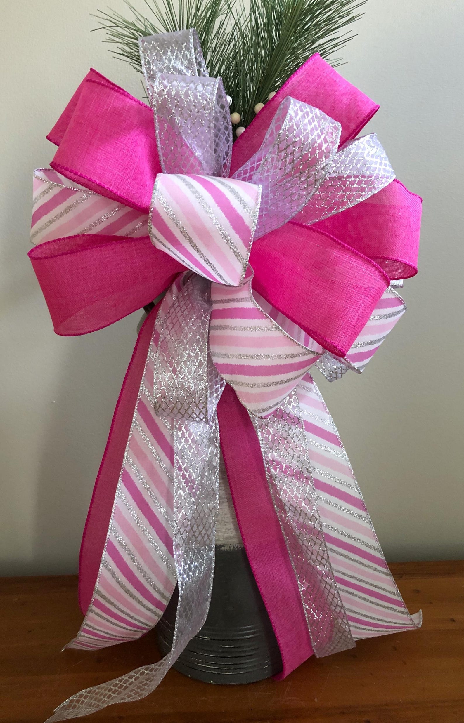 Pink Christmas Tree Topper Bow, Silver and Pink Christmas Decor, Large ...