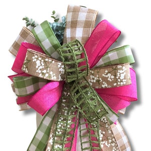 Buffalo Plaid Farmhouse Wreath Bow, Sage Green and Pink Everyday Accent Bow, Pink Summer Lantern Bow, Front Door Decor, Summer Porch Decor