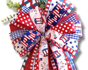 July 4th Wreath Bow, Patriotic Bow Decor, Memorial Day Decor, Summer Wreath Bow, Red White and Blue Bow, Front Door Decor, Patriotic Lantern