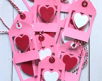 12 Handmade Valentine's Day Gift Tags, Pink and Red Valentine Heart Gift Tags