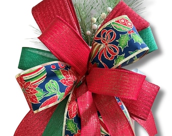 Red Christmas Bow, Blue and Red Holiday Lantern Bow, Classic Christmas Home Decor, Front Door XMAS Wreath Bow,  Christmas Mailbox Decoration