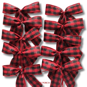 10 Red and Black Gingham Christmas Tree Bows, Farmhouse Christmas Decor, Red and Black Plaid Bow Set, Christmas Gingham Bows, XMAS Tree Bows