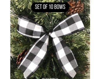 10 Black and White Buffalo Plaid Christmas Tree Bows, Farmhouse Christmas Decor, Garland Bow, Buffalo Check Bows, Rustic Plaid Bows, 5" x 5"