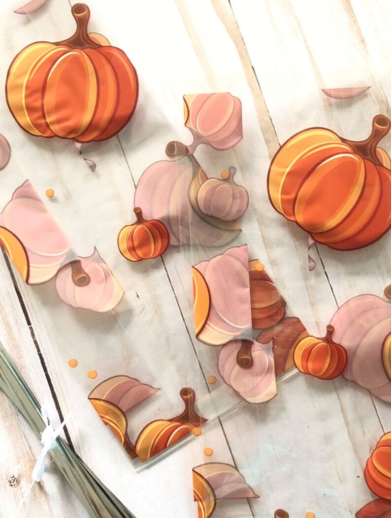 50 Sets Pumpkin Party Favor Bags With Cards & Glue Dots - Fall Halloween Thanksgiving