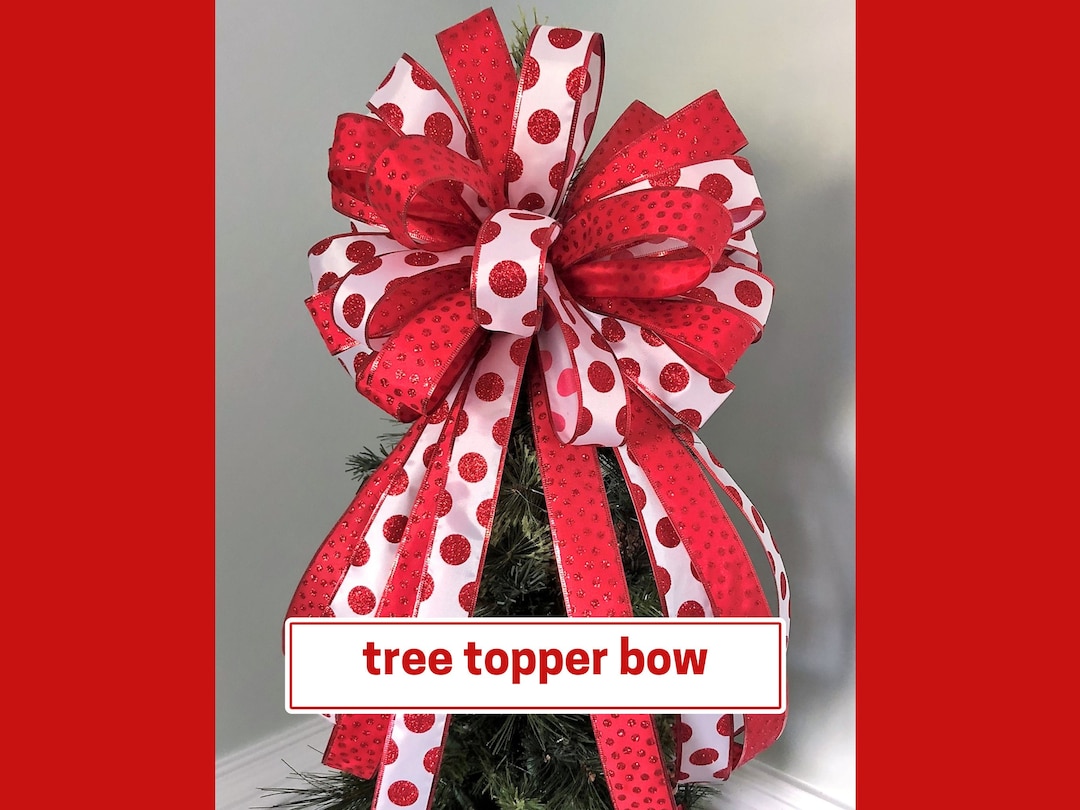 Red and White Christmas Tree Topper Bow, Large Glittery Red Christmas