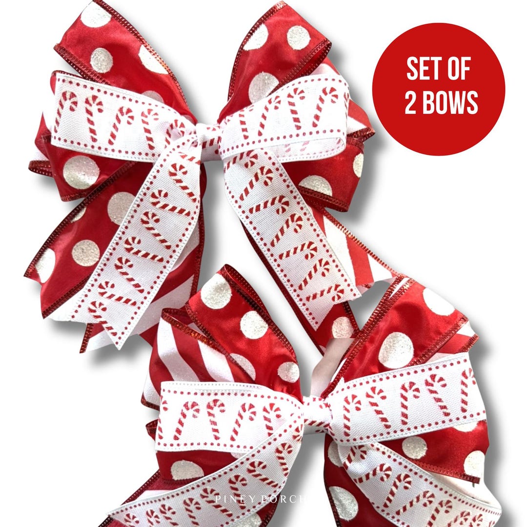 Set of 2 Red and White Christmas Bows, Candy Cane Holiday Decor, XMAS ...