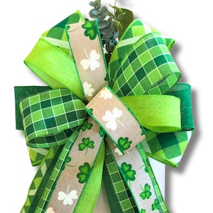 St. Patrick&#39;s Day Wreath Bow, St Patrick&#39;s Day Decor, Shamrock Bow for Front Door Wreath, Lantern Bow, St. Patricks Day Bow, Shamrock Decor
