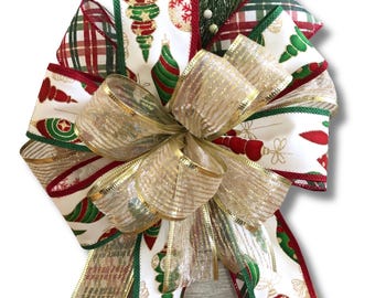 Christmas Ornaments Wreath Bow, Small Elegant Holiday Tree Topper Bow, Christmas Bows for Front Door Decor, Porch Decor, Holiday Mailbox Bow
