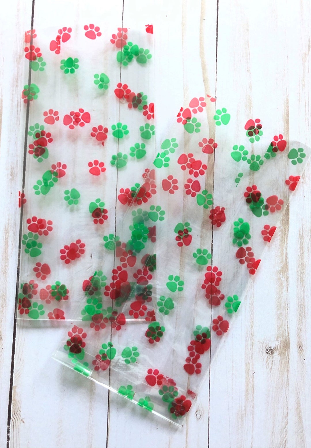 20 Christmas Paw Print Treat Bags, Dog Cellophane Goodie Bags, Doggie
