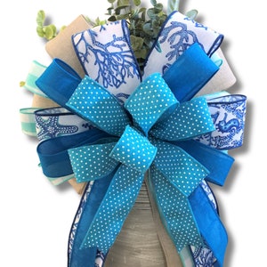 Nautical Wreath Bow, Beach House Decorative Bow, Blue and Turquoise Lantern Swag Topper Bow, Front Door Decor, Starfish Coastal Beach Decor