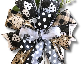 Black and Neutral Paw Print Bow, Dog Wreath Bow, Lantern Bow, Pet Decor, Front Door Decor, Welcome New Puppy, Paw Print Bow, Door Hanger Bow