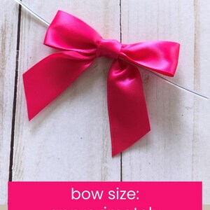 Pode incluir: Um la&ccedil;o de fita de cetim rosa choque com um n&oacute; central e duas pontas voltadas para baixo. Um fio de pl&aacute;stico fino e transparente atravessa horizontalmente o centro do la&ccedil;o. O texto na imagem diz: bow size: approximately 3" wide x 3" tall.