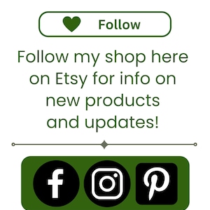Pode incluir: Um gr&aacute;fico informativo branco com uma ilustra&ccedil;&atilde;o de uma pinha e o texto Piney Porch. Inclui um bot&atilde;o verde Follow com um &iacute;cone de cora&ccedil;&atilde;o, texto para seguir a loja no Etsy e &iacute;cones de redes sociais para Facebook, Instagram e Pinterest.
