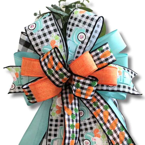 Spring Bunny Truck Wreath Bow, Buffalo Check Spring Decor, Bunny Lantern Bow, Bunnies and Carrots Spring Decoration, Spring Bow, Easter Bow