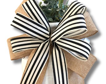 Burlap Wreath Bow, Neutral Farmhouse Decor, Cream and Black Stripe, Neutral Everyday Lantern Bow, Rustic Front Door Decor, Burlap Bow