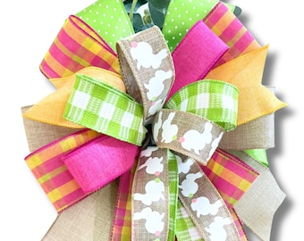 Spring Bunny Wreath Bow, Pink and Green Bunny Bow, Porch Decor, Easter Lantern Bow, Front Door Bunny Decor, Spring Bow, Bows for Decorating