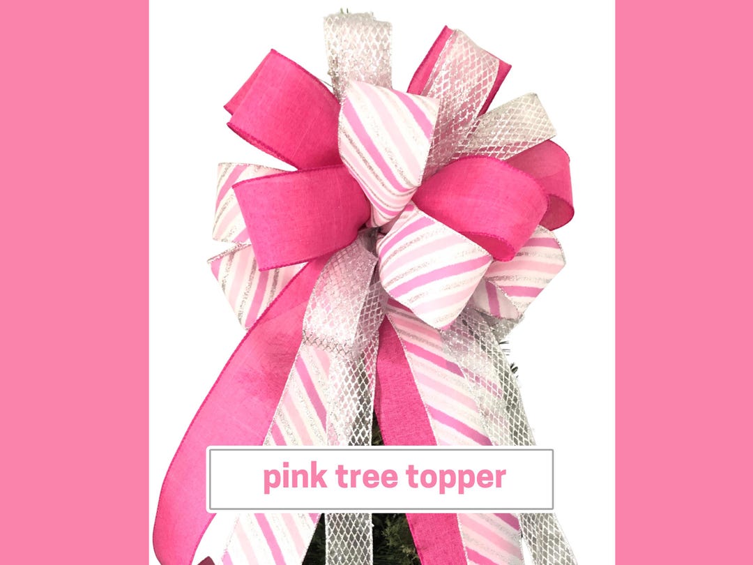 Pink Christmas Tree Topper Bow, Large Silver Pink Christmas Bow, Wreath ...