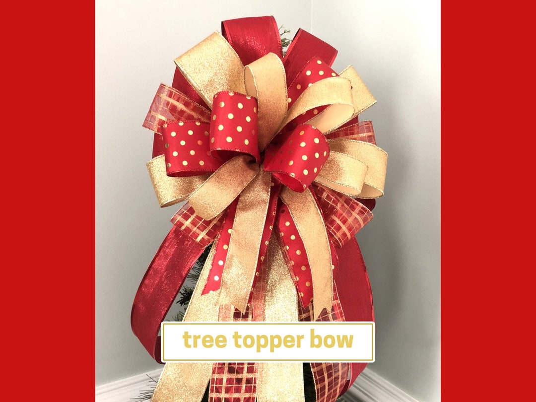 Red and Gold Christmas Tree Topper Bow, Large Red Bow for Holiday Decor