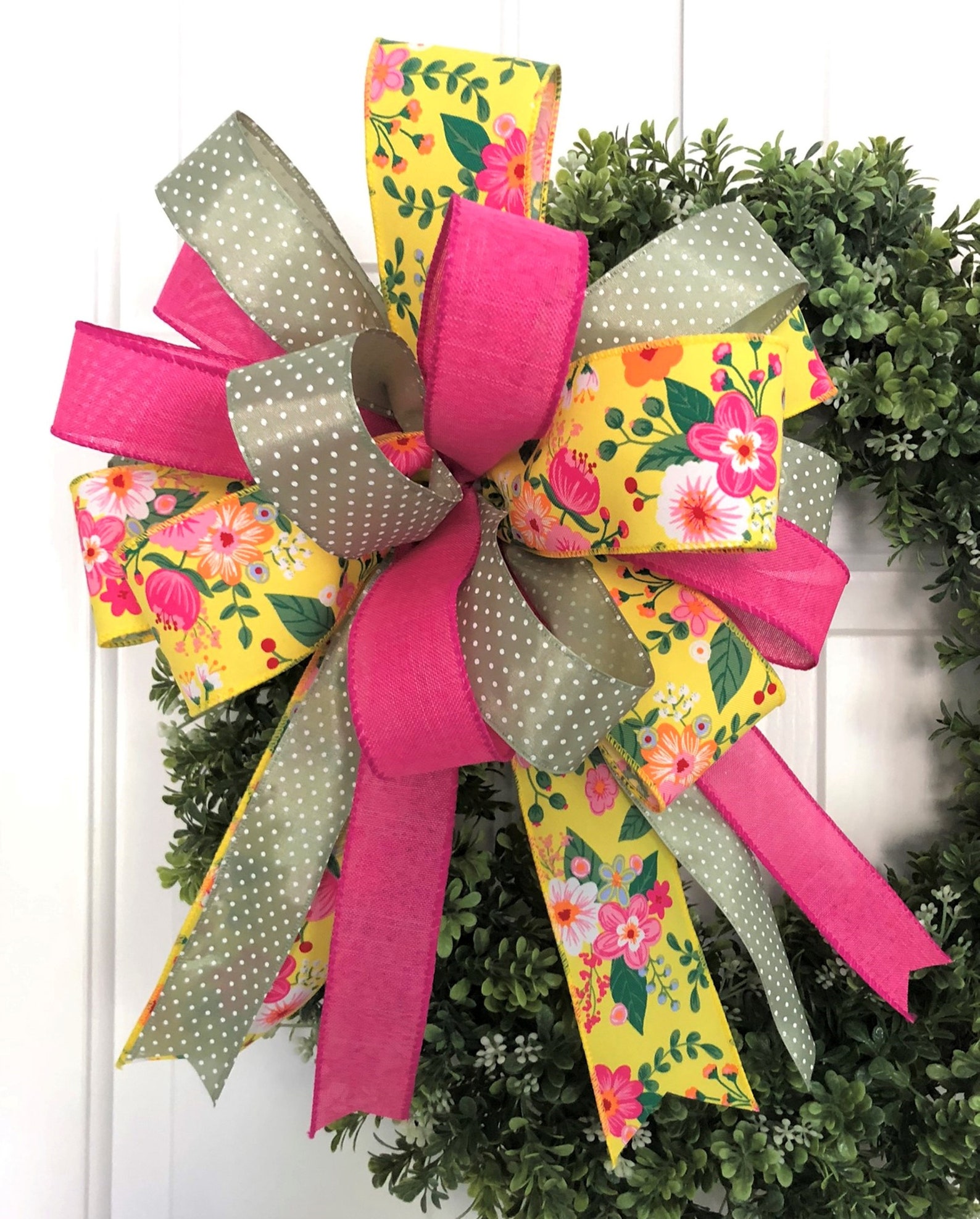 Floral Wreath Bow, Yellow Pink Lantern Bow, Spring and Summer Porch ...